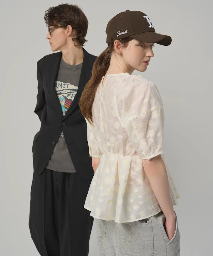 Flower Sheer Jacquard Volume Sleeve Peplum Blouse / 5 Minutes Sleeve