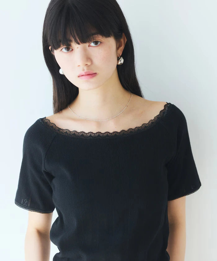 Boat Neck Pullover Knit Lace T-Shirt