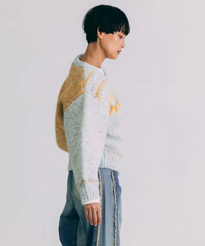 V-neck color block Nordic pattern knit
