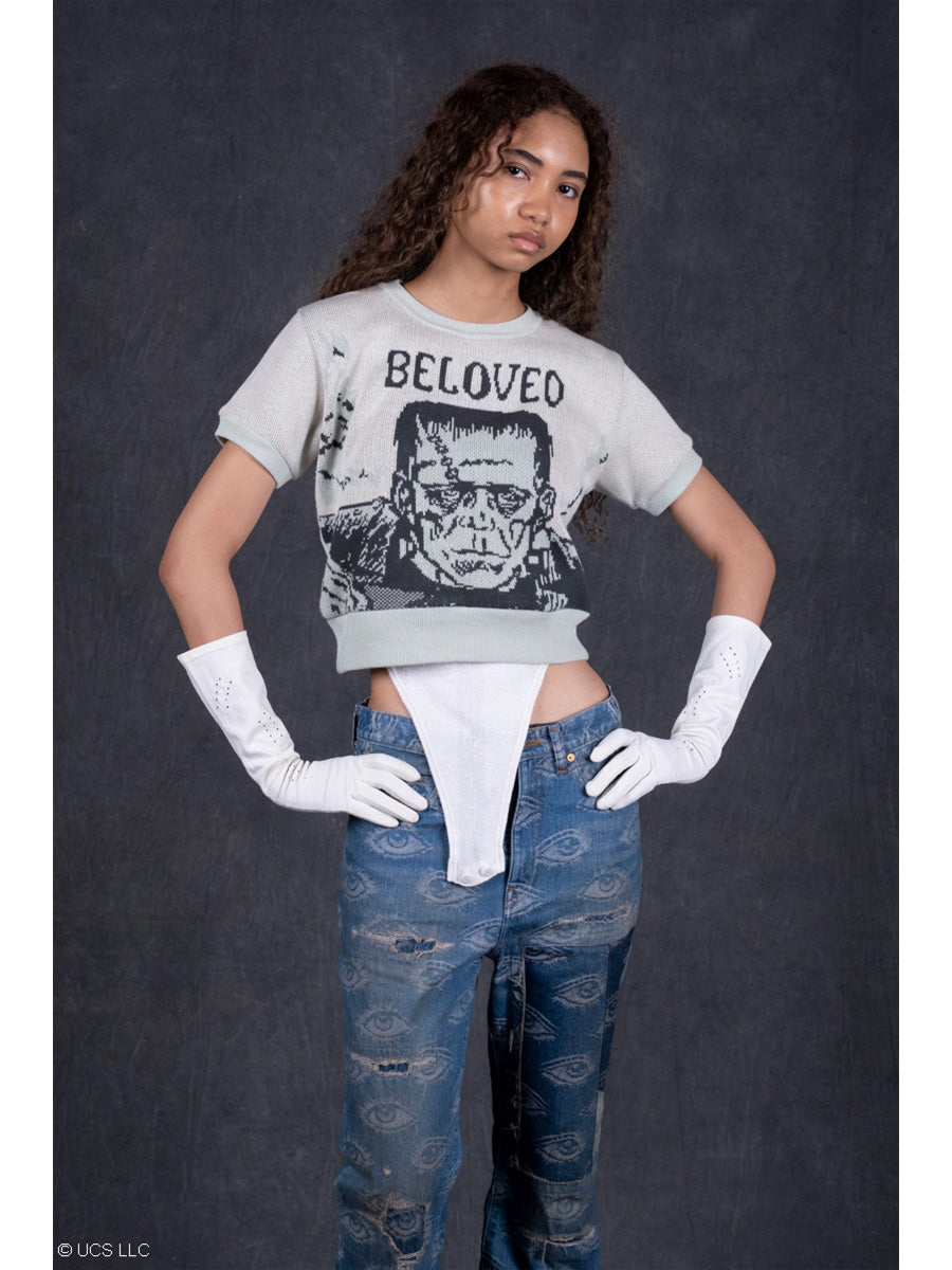 8G Jacquard Knit Short Sleeve Vintage Cropped...