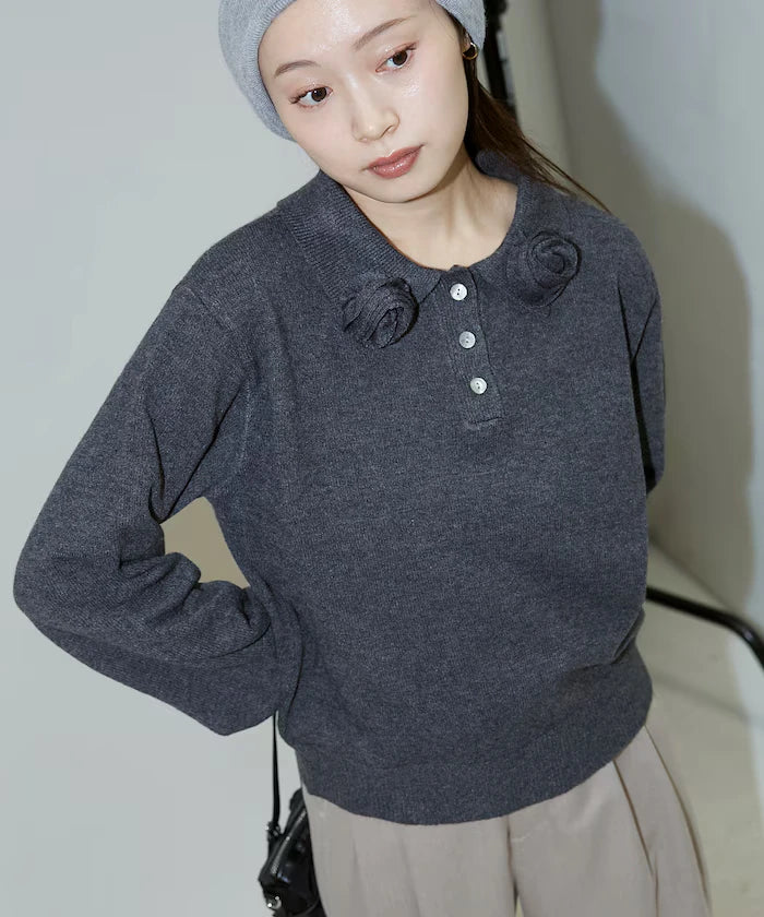 Polo knit pullover with flower motif - limited edition