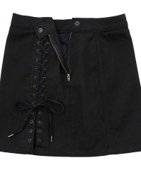 APPLE PANDA Embroidered Side Lace-Up Denim Mini Skirt