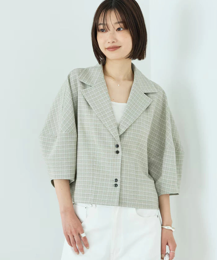 Collar Check Balloon Sleeve Shirt / Compatible with Setup