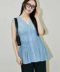 Sheer Broad Sleeveless Gathered Shift Blouse Limited Edition