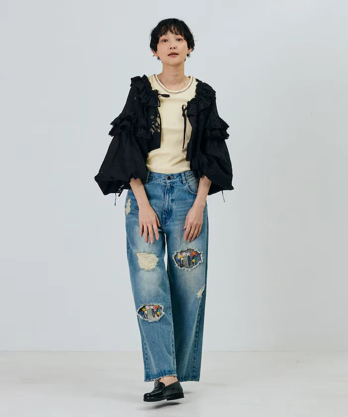 Flower Embroidery Wide Denim