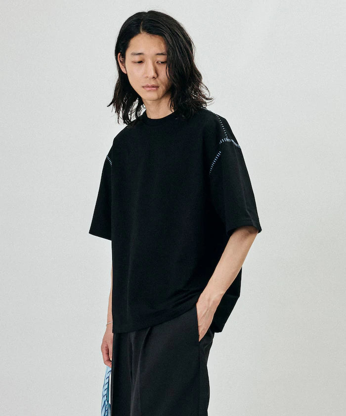 Box Silhouette Contrast Ladder Stitch Crew Neck T-Shirt
