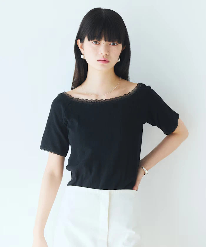 Boat Neck Pullover Knit Lace T-Shirt