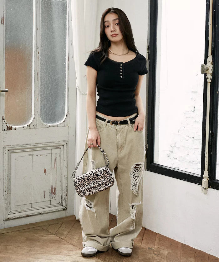 Collar Lace Contrast Henry Rib T-Shirt
