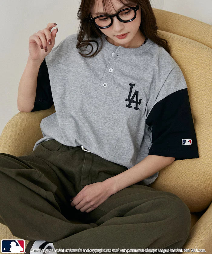 Limited Edition MLB Logo Print Henley Neck Oversized T-Shirt