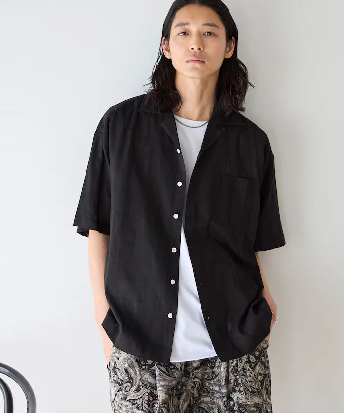Jacquard Relaxed Fit Open Collar Short Sleeve Shirt Semi-Sheer Dobby Weave