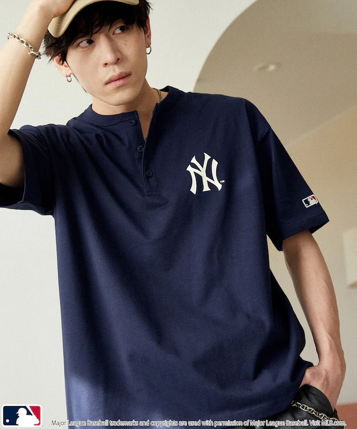 Limited Edition MLB Logo Print Henley Neck Oversized T-Shirt
