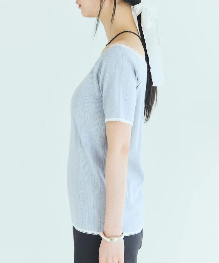 Boat Neck Pullover Knit Lace T-Shirt