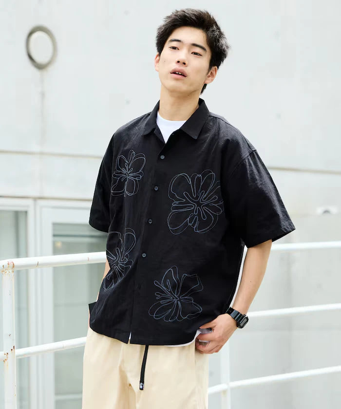 Relaxed Fit Floral Embroidered Short Sleeve Open Collar Shirt [Limited Edition]