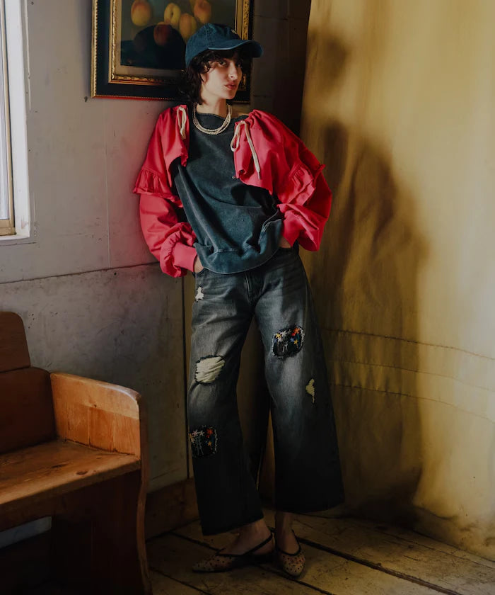 Flower Embroidery Wide Denim