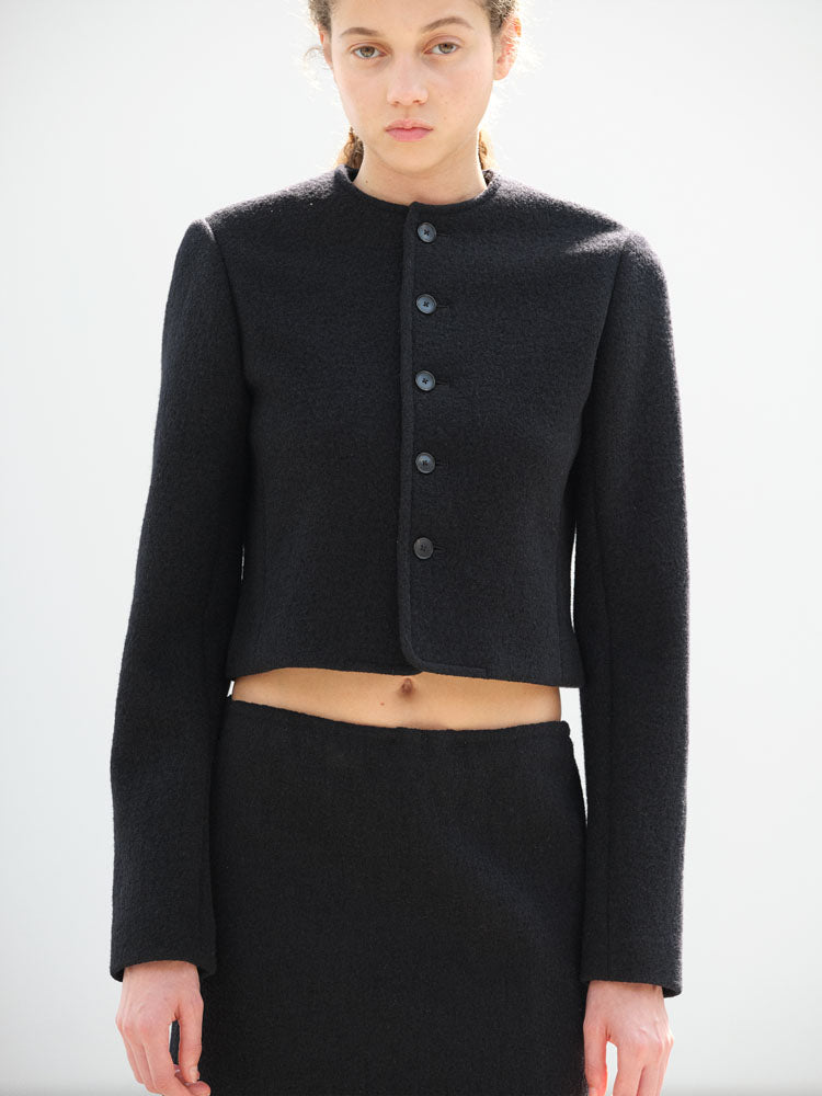 HEAVILY FULLED WOOL COTTON COLLARLESS JACKET