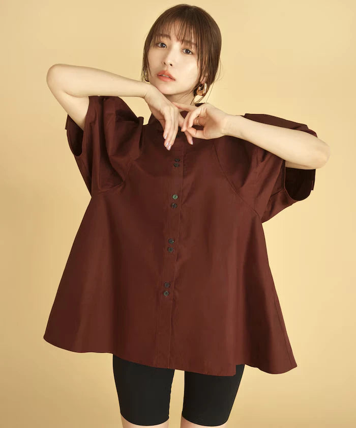 Switching Design Balloon Sleeve Shirt / 5-Minute Sleeve Blouse