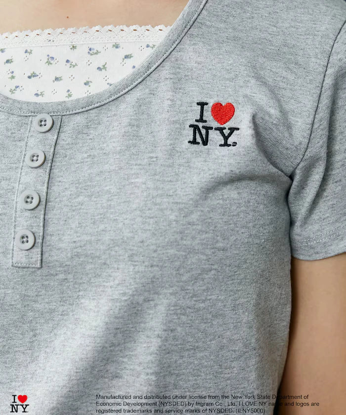I LOVE NY Floral Pattern Layered Style Henley Neck T-Shirt Limited Edition