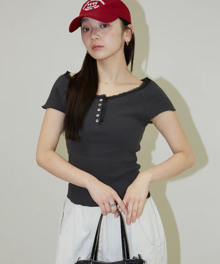 Collar Lace Contrast Henry Rib T-Shirt