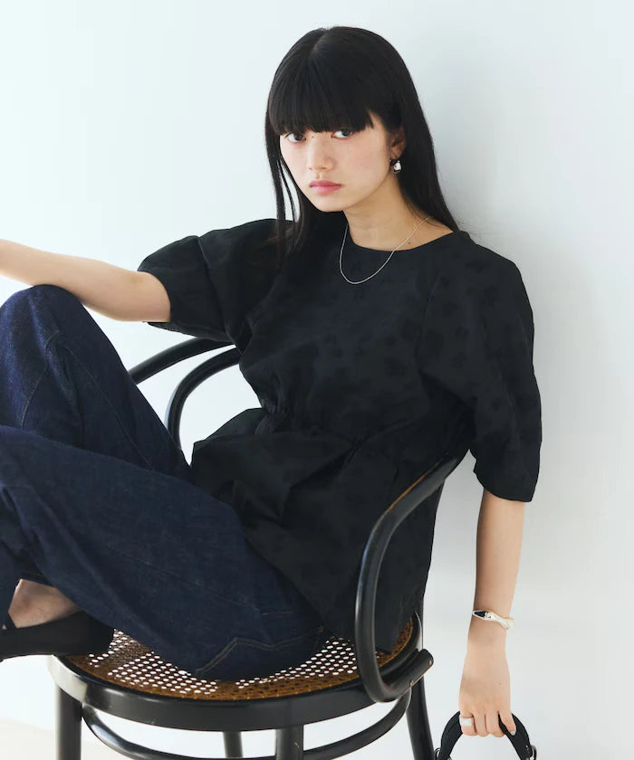Flower Sheer Jacquard Volume Sleeve Peplum Blouse / 5 Minutes Sleeve