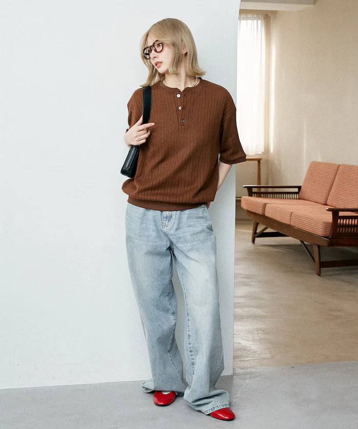 LOVE POP STUDIO Pattern Mesh Henley Neck T-Shirt Limited Release