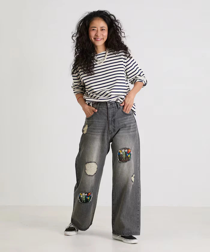 Flower Embroidery Wide Denim