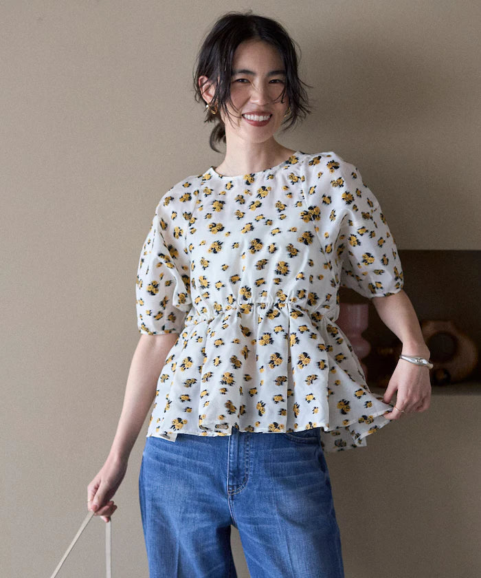 Flower Sheer Jacquard Volume Sleeve Peplum Blouse / 5 Minutes Sleeve