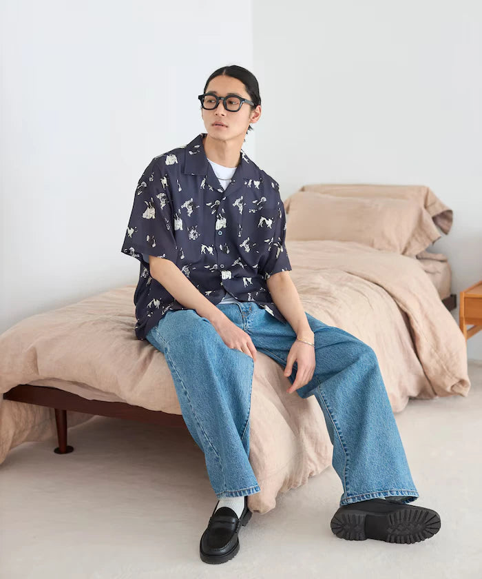 Mesh Open Collar Pattern Short Sleeve Shirt / Allover Design Open Collar Shirt / Big Silhouette
