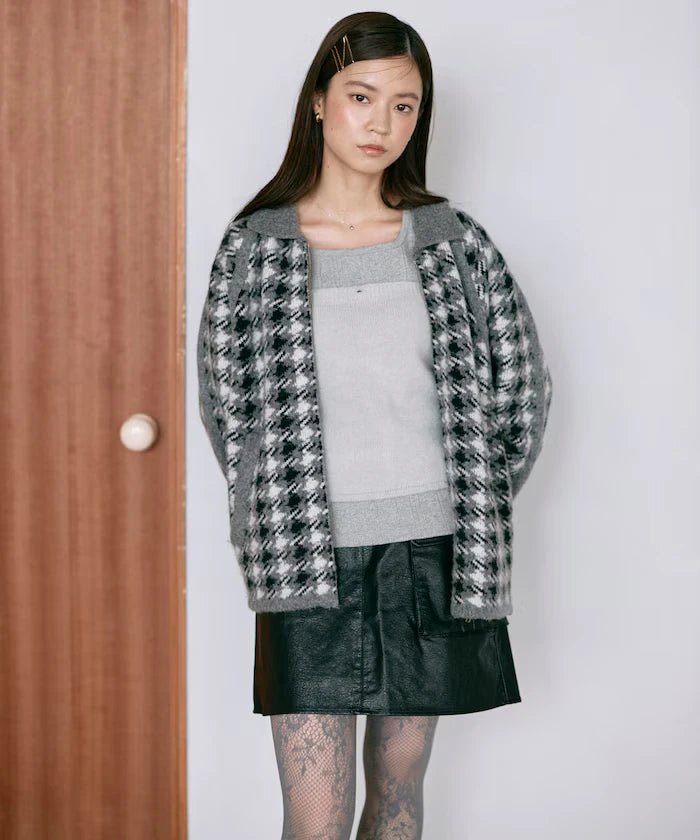 Wool Blend Gancube Check Knit Zip Blouson