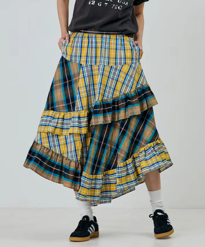 Check x Check Asymmetrical Frill Skirt