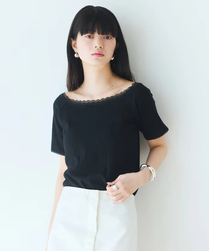 Boat Neck Pullover Knit Lace T-Shirt