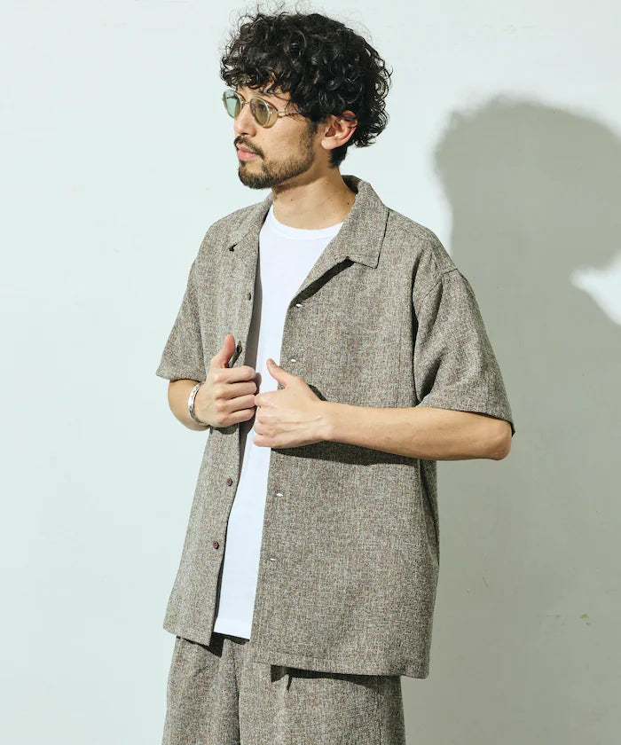 Dry Touch Summer Tweed Short Sleeve Open Collar Shirt