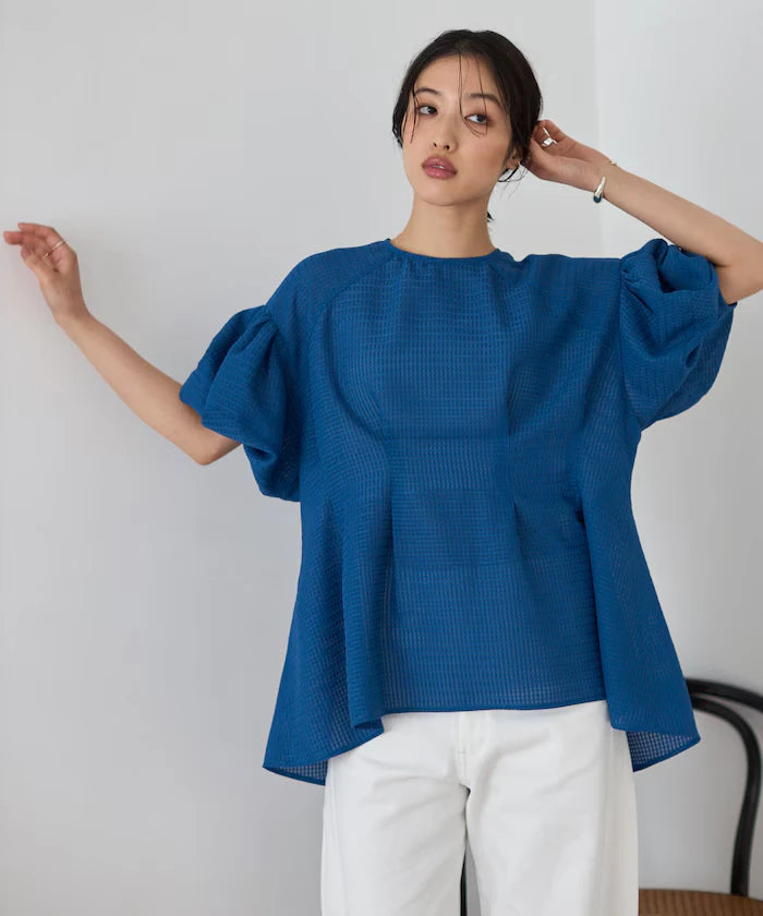 Sheer Check Balloon Sleeve Blouse