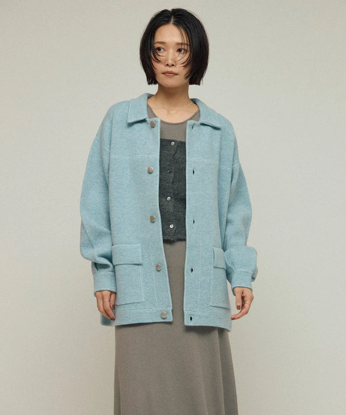 Oversized Wool Blend Knit Coverall / Color Stitch Knit Jacket