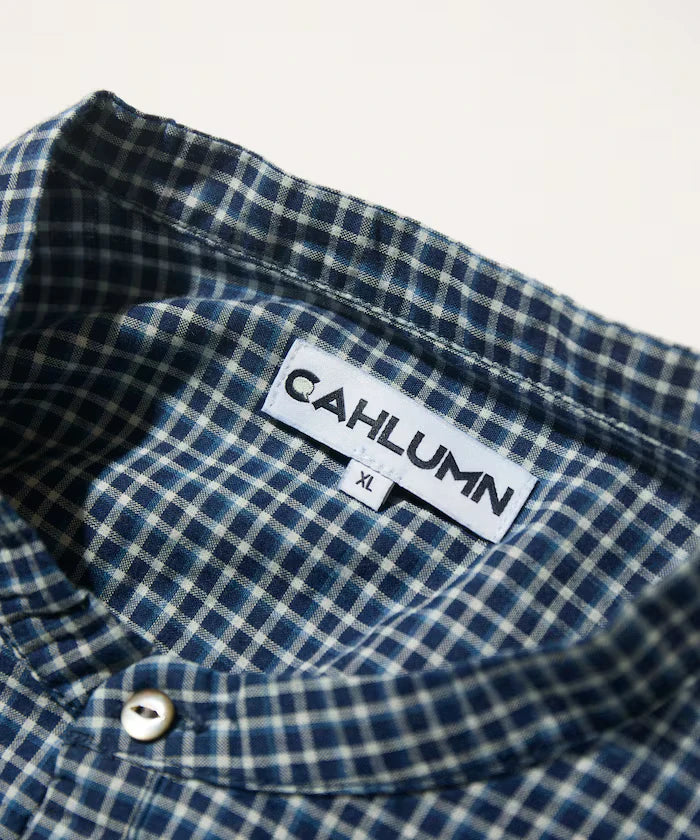Indigo Madras Check Pullover Stand Collar Shirt