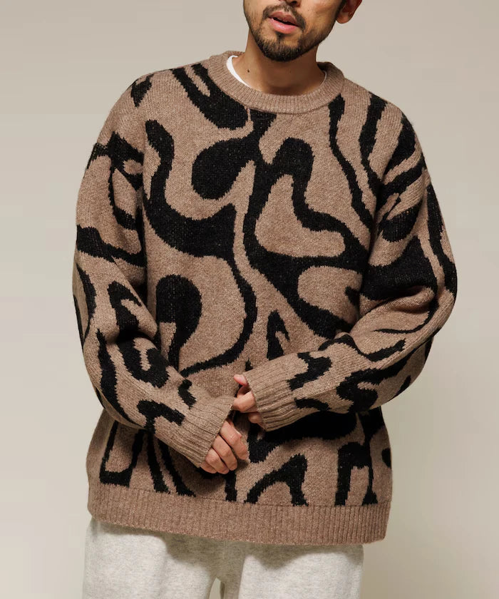 All-over Pattern Double Jacquard Knit Crew Neck Pullover / Relaxed Fit