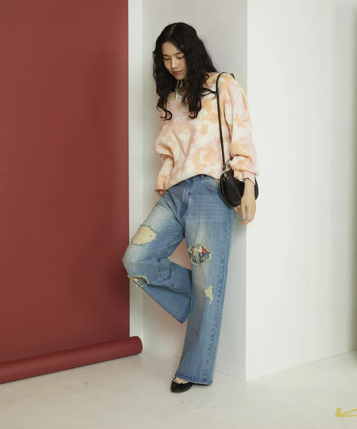 Flower Embroidery Wide Denim