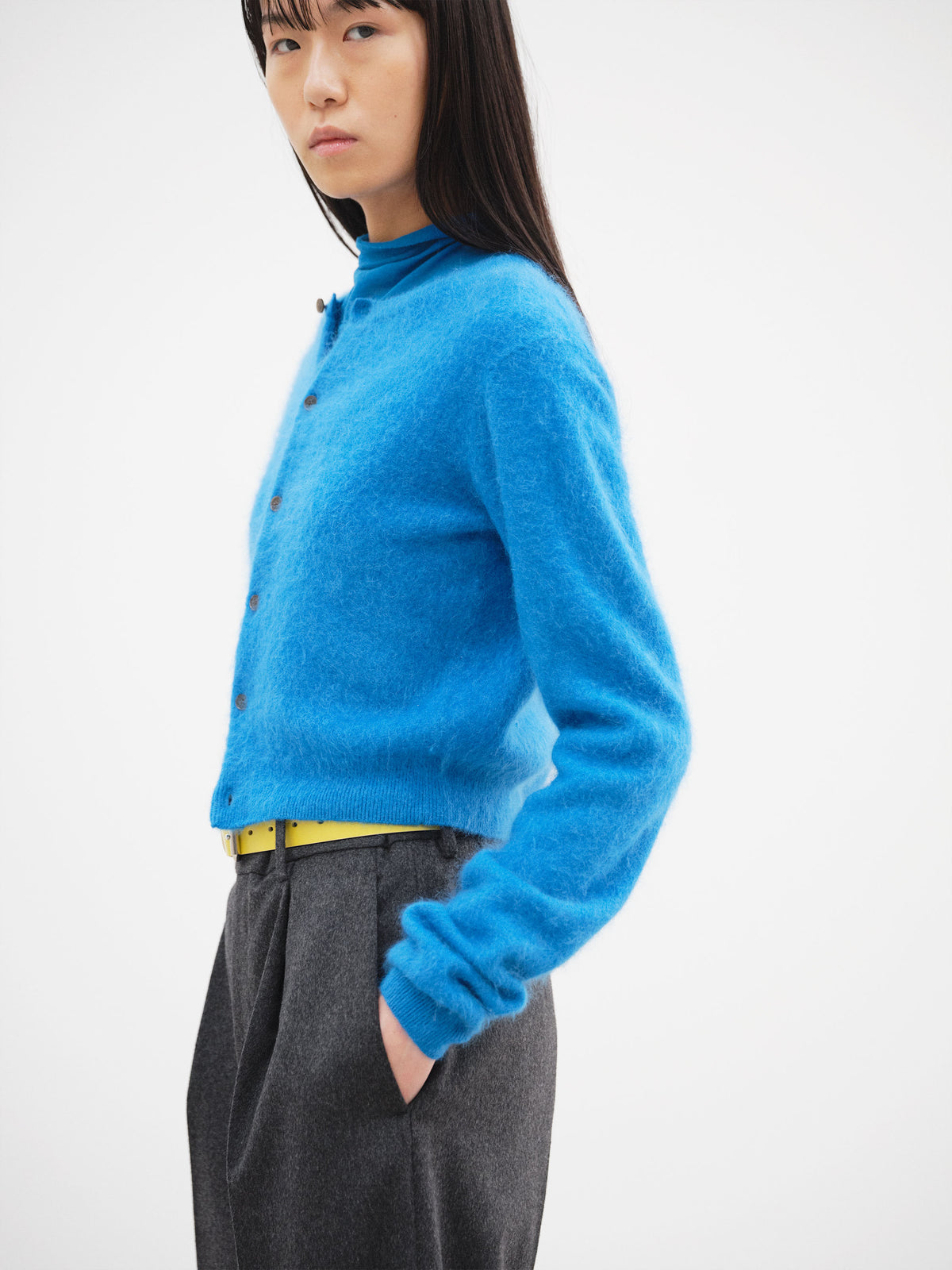 GARMENT-DYED BABY ALPACA FUR KNIT CREW-NECK CARDIGAN