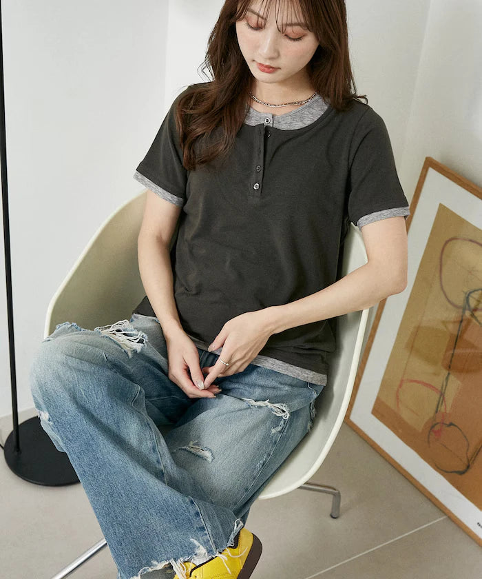 Layered-style Henley Neck T-shirt Limited Edition