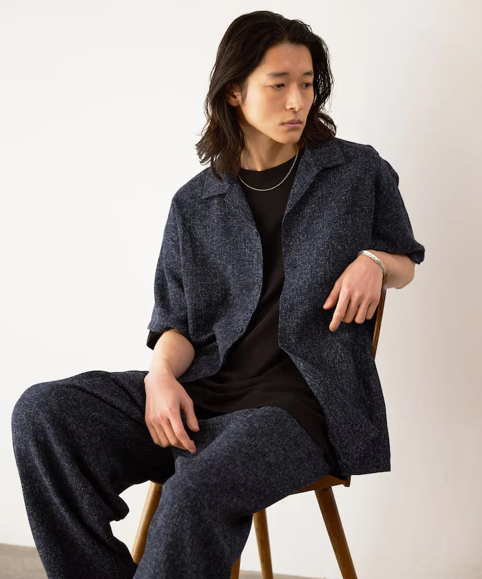 Dry Touch Summer Tweed Short Sleeve Open Collar Shirt