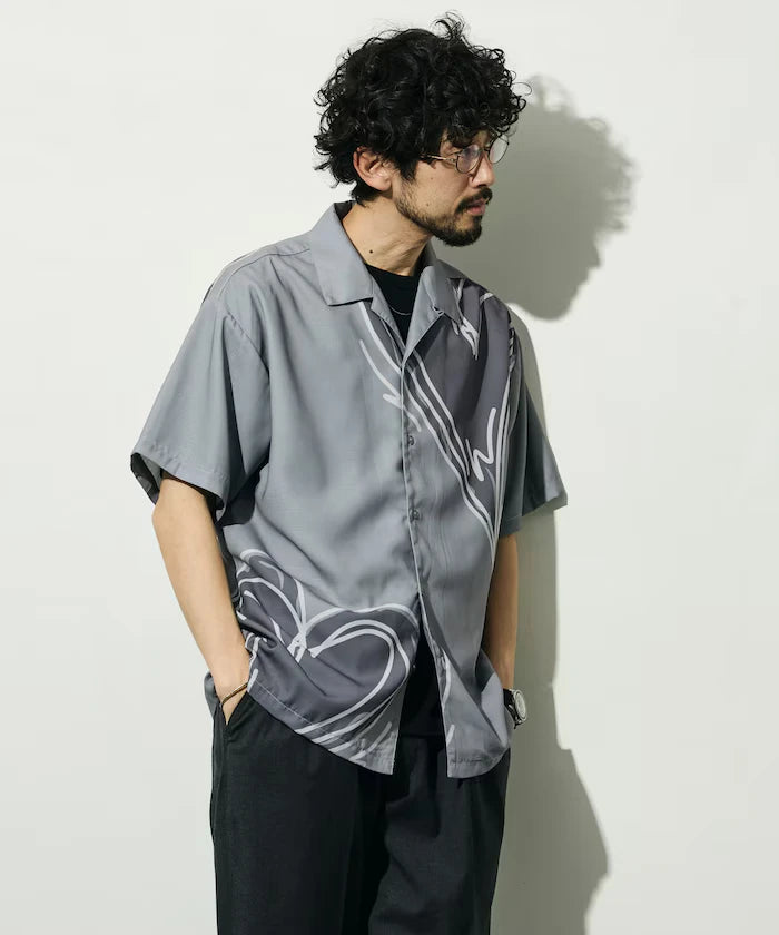 Open Collar Big Pattern Short Sleeve Shirt / Big Silhouette