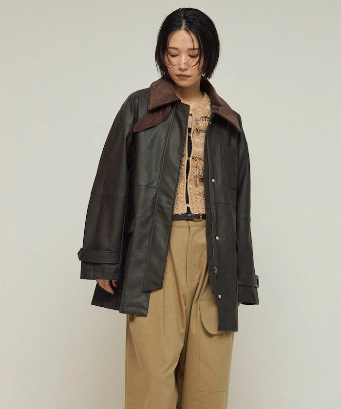 Oversized Crush Leatherette Jacket / Collar Corduroy