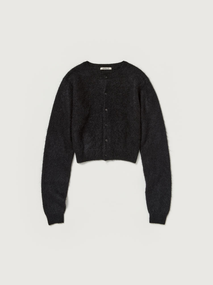 GARMENT-DYED BABY ALPACA FUR KNIT CREW-NECK CARDIGAN