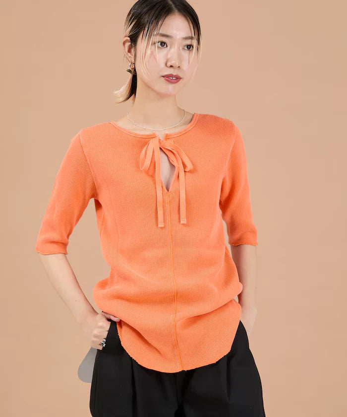 Ribbon Tied 2WAY Waffle 5 Sleeve T-Shirt