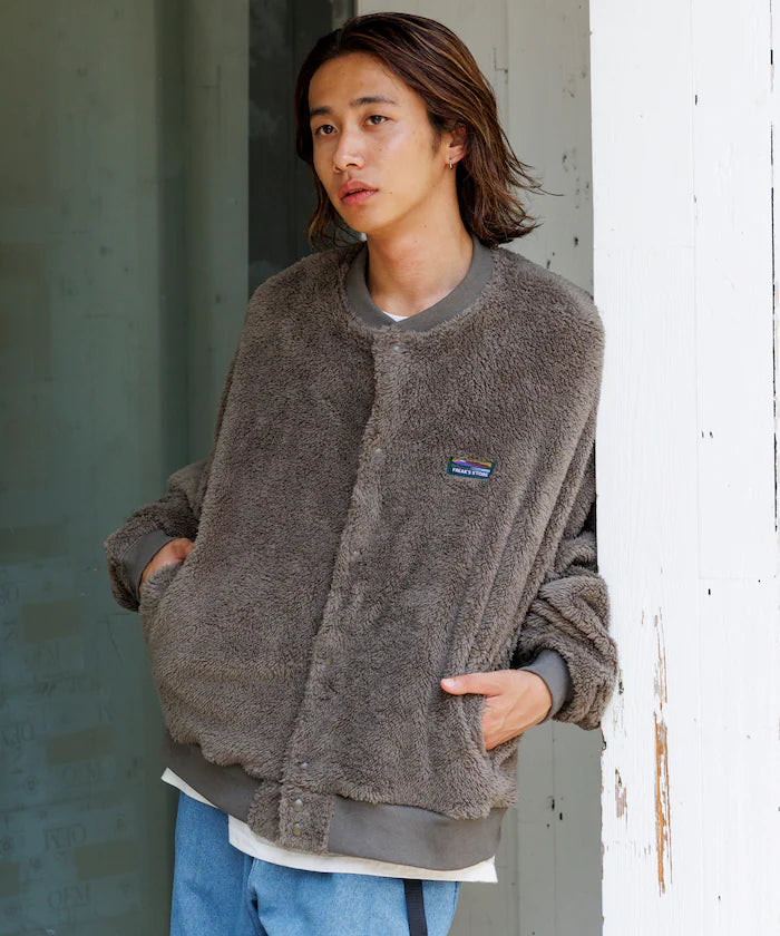 Relaxed Fit Shaggy Fleece Crew Neck Cardigan