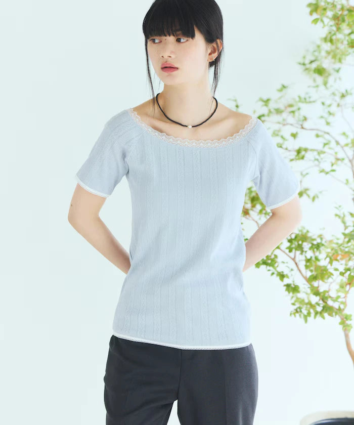 Boat Neck Pullover Knit Lace T-Shirt