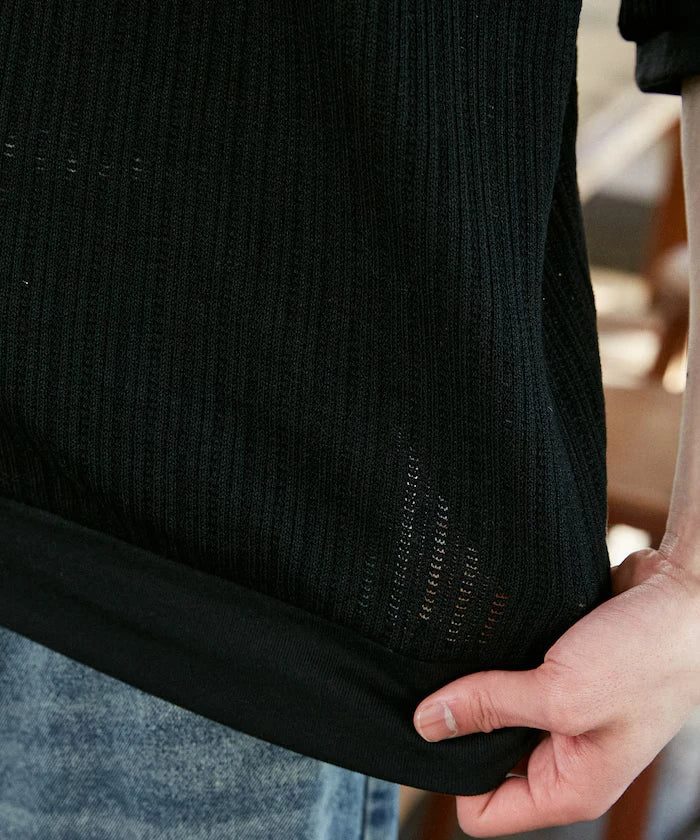 LOVE POP STUDIO Pattern Mesh Henley Neck T-Shirt Limited Release