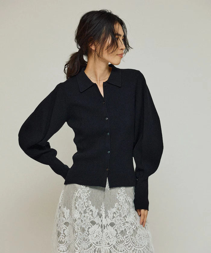 Functional material silk blend knit polo volume sleeve knit cardigan / anti-pill / machine washable