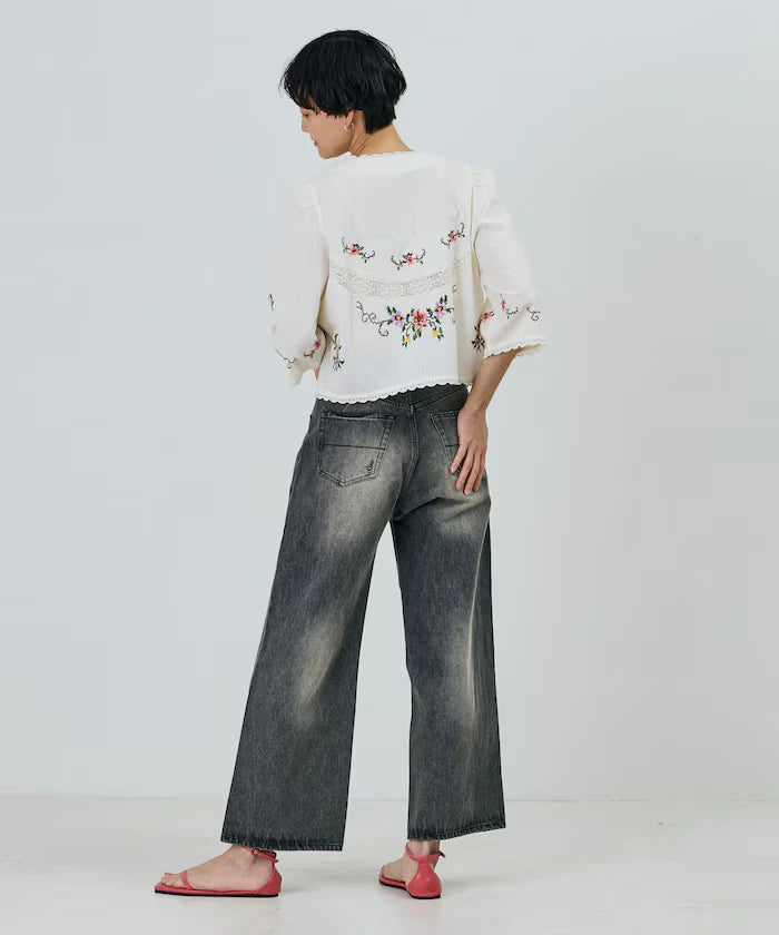 Flower Embroidery Wide Denim