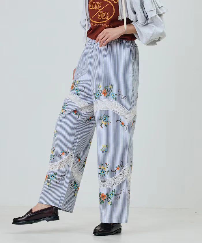 India Flower Cross Embroidery Lace Pants