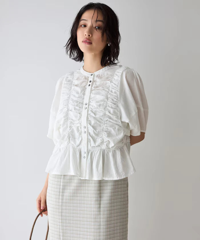 Sheer Shirring Volume Sleeve Blouse / 5 Short Sleeves